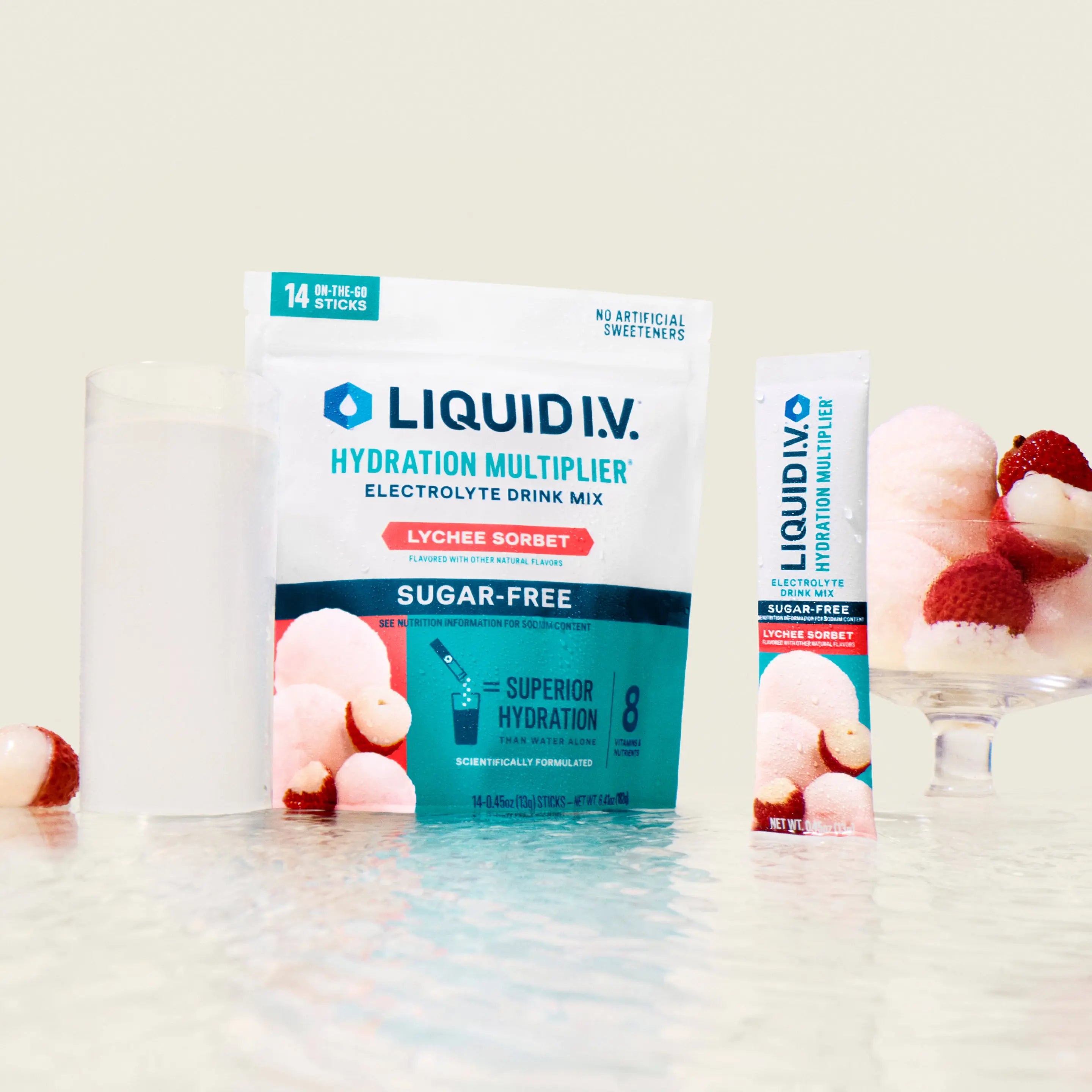 Liquid I.V. Sugar-Free Hydration Multiplier - Lychee Sorbet - Hydration Powder Packets | Electrolyte Powder Drink Mix | Convenient Single-Serving Sticks | 8 Vitamins & Nutrients | 1 Pack (14 Servings)​